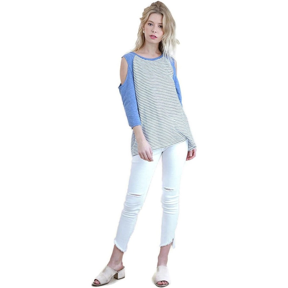 Umgee Womens Cold Shoulder Striped Raglan Top Blouse Shirt - Blue NEW